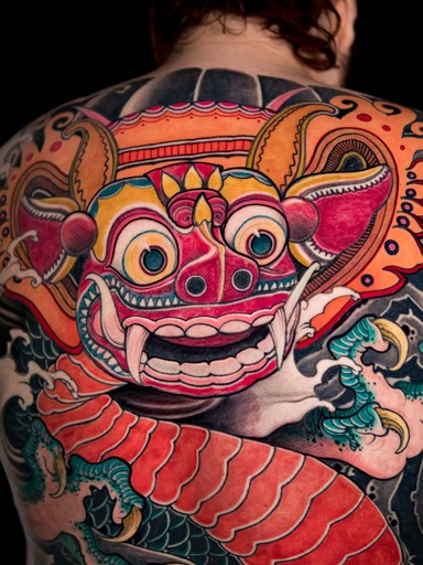 Kolorowy tatuaż w stylu japońskim irezumi na plecach, wykonany przez Marcina Łukasiewicza